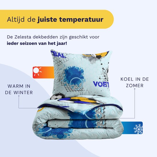 Lichtblauwe dekbedset met voetbalprint, geschikt voor elk seizoen. "Warm in de winter", "Koel in de zomer".