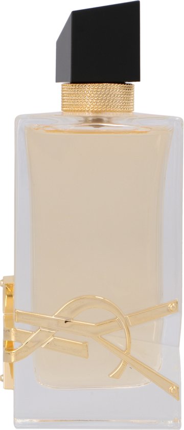 Glazen parfumfles met gouden 'YSL'-logo, gouden geciseleerde hals en zwarte schuine dop.