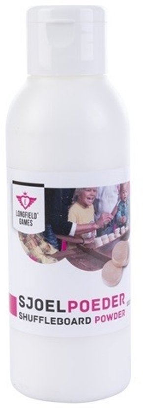 Witte fles met een label met 'Sjoelpoeder Shuffleboard Powder' en een afbeelding van spelende kinderen.