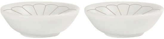 Set van twee witte, komvormige dipschaaltjes met een lichtbruin, uitlopend bloemenpatroon aan de rand.