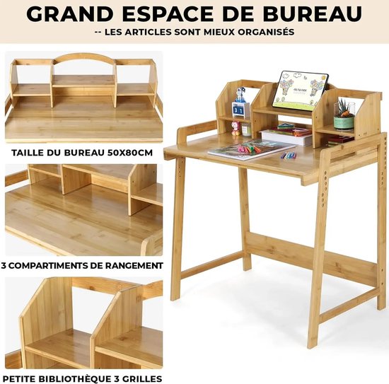 Bureau en bois avec des étagères de rangement, une tablette et des fournitures de bureau. Le bureau mesure 50x80cm.