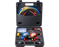 4-weg AC-meetapparaatset - verdeelmeetapparaat voor koudemiddelen R134A, R22, R12, R410A, incl. 1,52 m lange slangen, koppelingen, kan aftappen voor automatisch vullen en afvoeren van freon