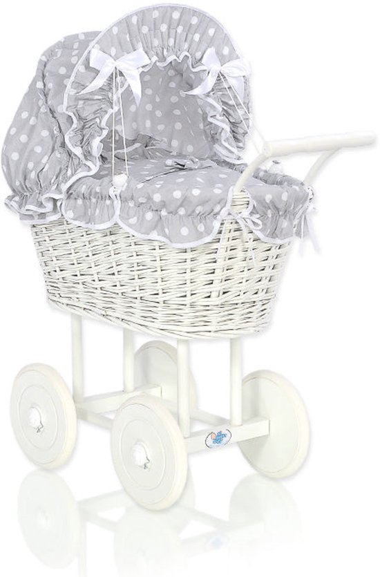 e-wicker24 Poppenwagen van wilgentenen met beddengoed perfecte cadeau-idee Wilgenpoppenwagen mooi Speelgoed van vlechtwerk Mandwagen voor poppen Speelgoed voor meisjes (roze 4