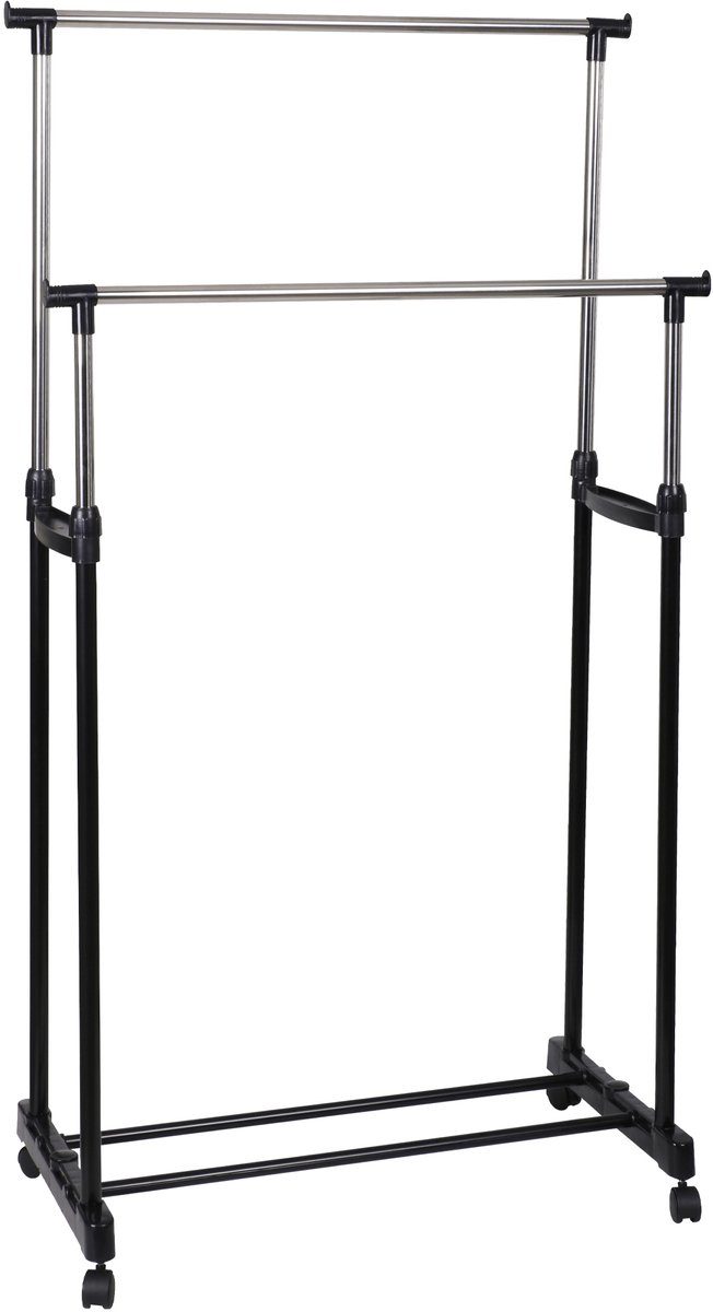 Dubbel Verstelbaar Kledingrek op Wieltjes – 2 Stangen – Metaal & Kunststof – 80x42x(100-170) cm – Mobiel Kledingrek voor Extra Opbergruimte – Ideaal voor Slaapkamer, Hal of Winkel – Zwart