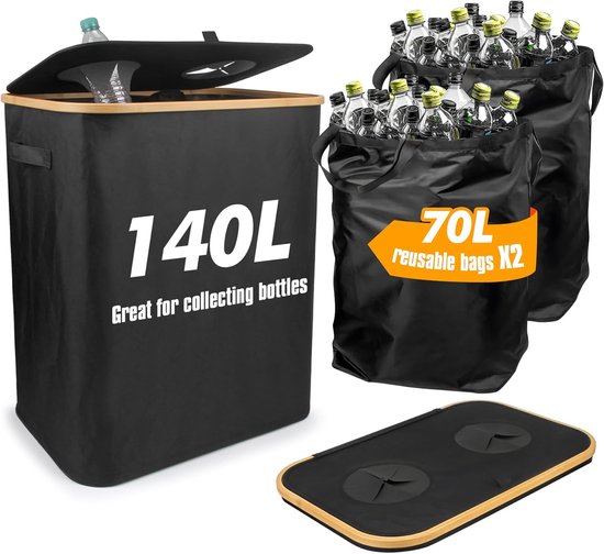 COTTARA® Verzamelbak Met Deksel En Draagtas, Statiegeldhouder Inworp Ideale Flessenorganizer Flessenverzamelaar Lege Goederen Voor Keuken Zwart 1574036765
