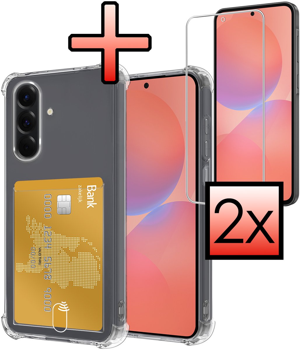 Hoesje - Geschikt voor Samsung Galaxy A36 - Met 2x Screenprotector - Pashouder - Kaarthouder - Telefoon Hoes Shockproof - Siliconen Case - Back Cover - Shock Proof - Pasjes Houder - Transparant