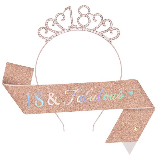 18e verjaardag meisjes, 18e verjaardag sjerp en tiara, cadeaus voor 18 meisjes, roségoud kristal tiara kroon verjaardag sjerp, ballonnen taartdecoratie feestaccessoires 18 jaar