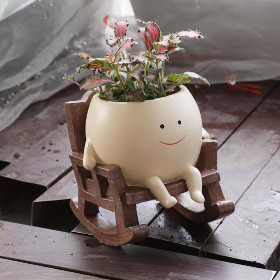 Gezicht plantenbakken voor kamerplanten, schattige hars bloemhoofd plantenbakken, zitten schommelstoel vetplanten met drainagegat - cadeau ideaal voor moeder en Kerstmis