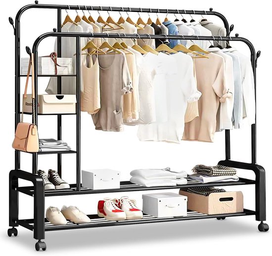 SONGMICS Kledingrek, kledingstang op wieltjes, metalen kapstok, verplaatsbare garderobe, 91 cm breed, met plank, 2 wielen met rem, stang tot 40 kg belastbaar, grijs, HSR025G01