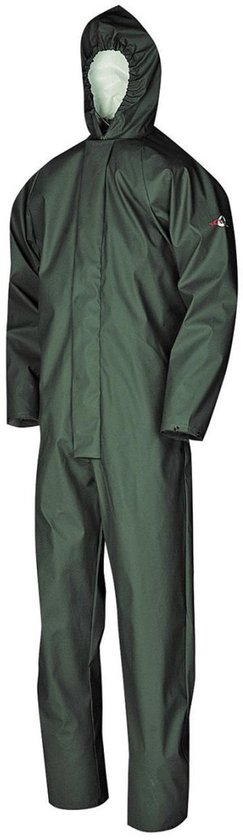 Donkergroene regenoverall met capuchon op een mannequin.