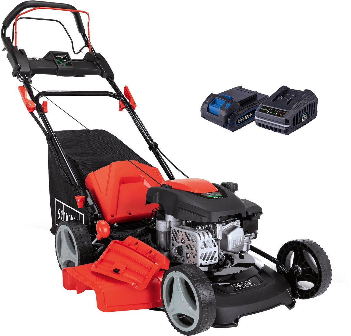 Scheppach MS150-46E Benzine grasmaaier - 150cc - 9PK - 46cm maaibreedte - in maaihoogtes instelbaar: 25-75mm - 55L opvangbak (met accu)
