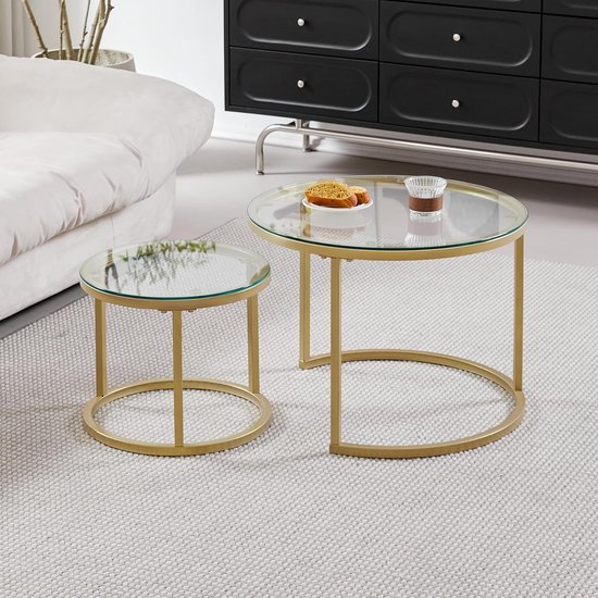 Set van 2 Ronde Salontafels met Metaal en Gehard Glas - Ideaal voor ...