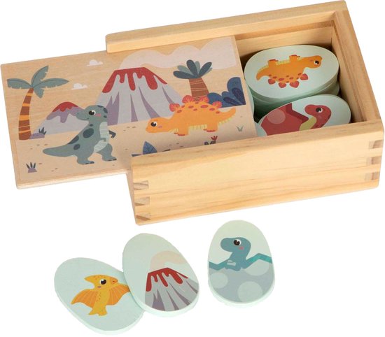 Houten opbergdoos met dinosaurus illustratie. De doos bevat ovale speelkaarten met dino's en vulkanen.