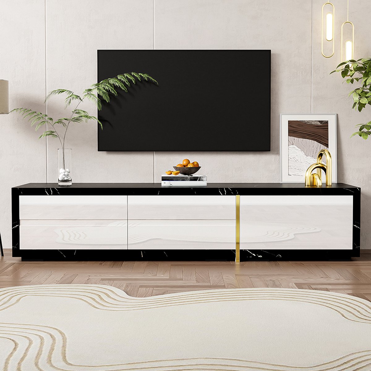 Pugsdrly Kast TV meubel 140-260 cm verstelbare lengte draaibaar marmer look zwart zwarte afwerking mat