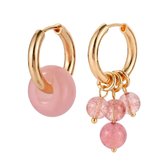 Boucles d'oreilles asymétriques – Créoles Serenity – Plaqué or – Quartz rose et quartz fraise – Laiton – Ring 19 mm / Longueur 32 mm – Boucles d'oreilles tendance faites main – Bijoux en pierres précieuses