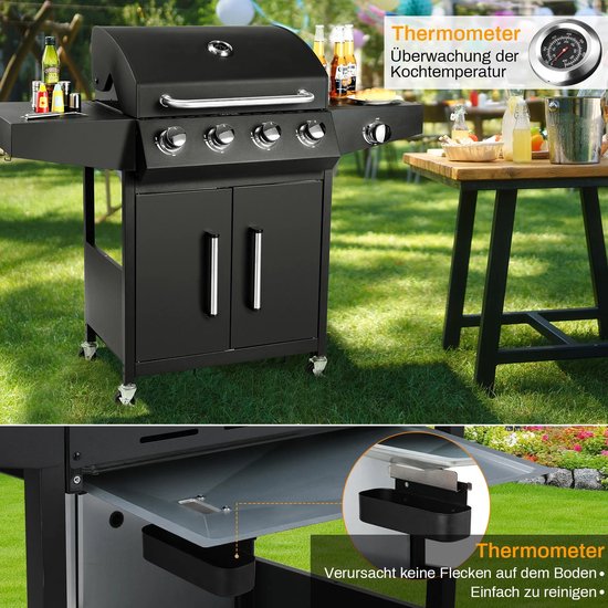 Stemily Gas BBQ - 4 Hoofdbranders - 1 Zijbrander - Ingebouwde Thermometer - Zijtafels & Gereedschaphaken - 44x135x136cm van Stemily — afbeelding 4