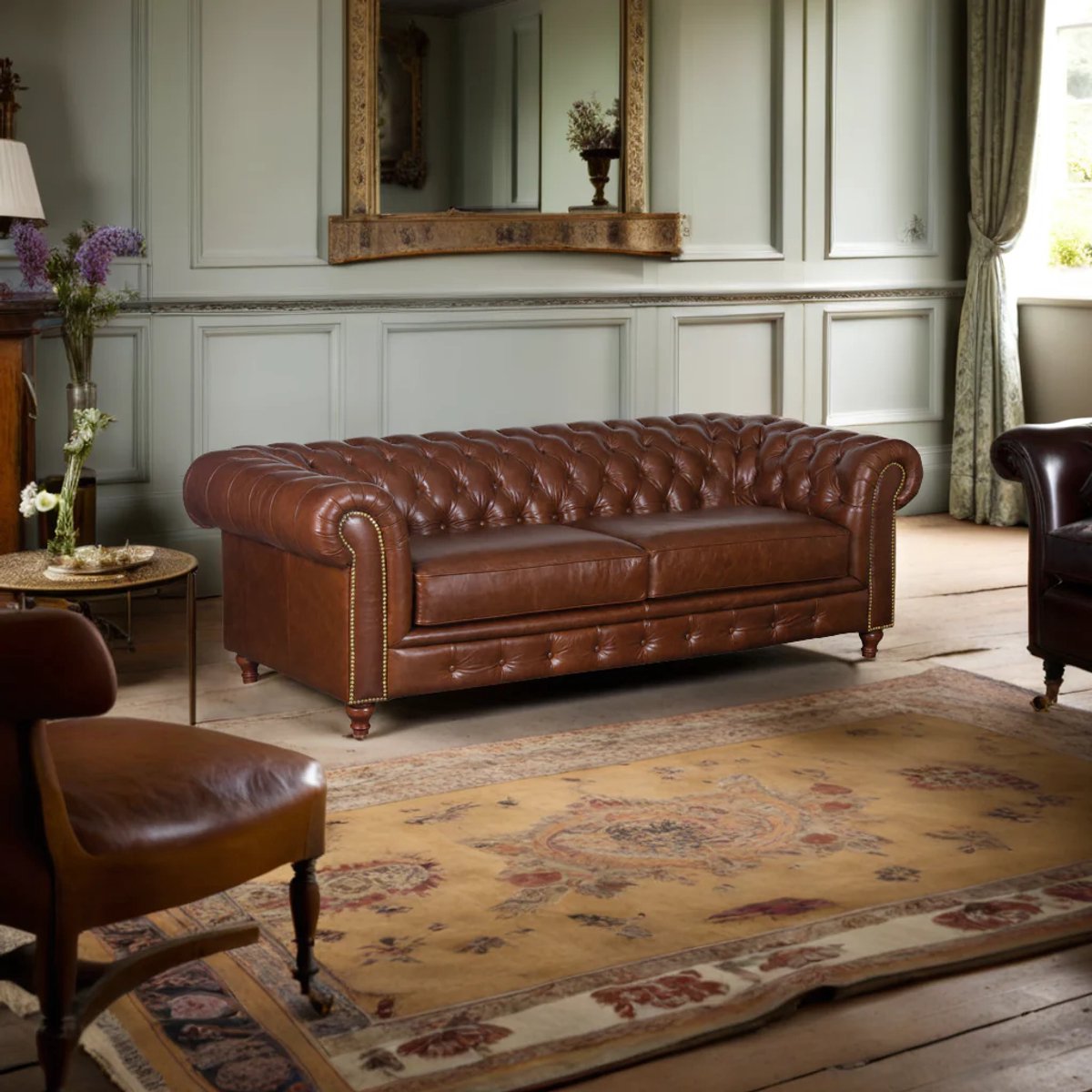 Chesterfield Belmont Leren Bank antiek 2-zits – 224 x 99 x 72 cm – Tijdloos Design met Industrieel Karakter - Medahomestore - chesterfield bank - Nieuw bruin ruiten echt leer