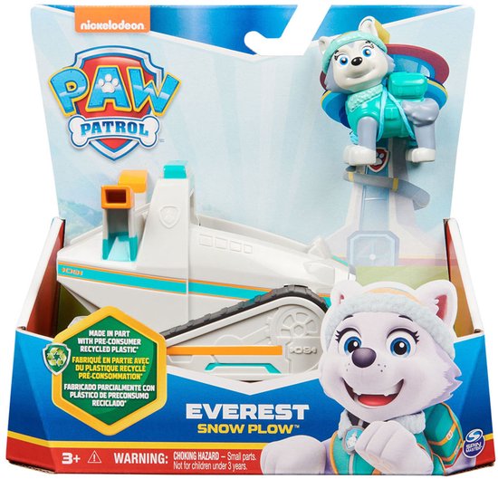 Everest's Sneeuwschuiver speelgoed in verpakking. Bevat een wit voertuig en een speelfiguur van de hond Everest in blauw-turkooizen outfit.