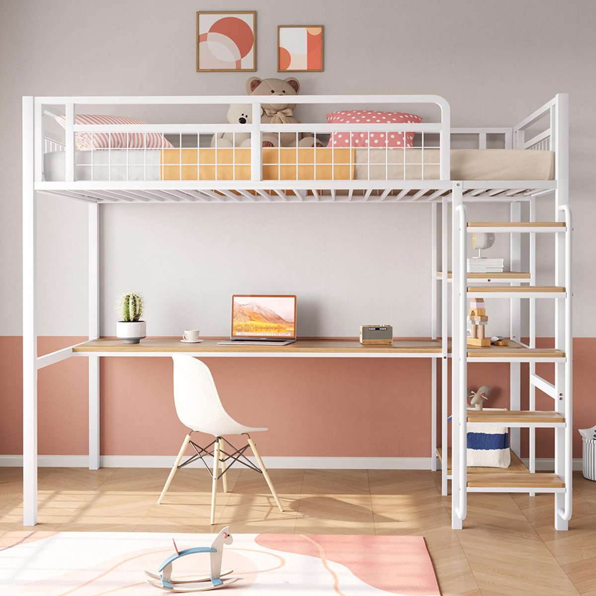 Pugsdrly Eenpersoonsbed Kinderbed Stapelbed enkel 90x200 cm veiligheidsladder met trap, ta