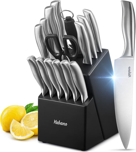 Renberg Tenessy Set 15-Piece Knife Sharpener with Wooden Knife Block Stainless Steel Black Handle Durable and Practical