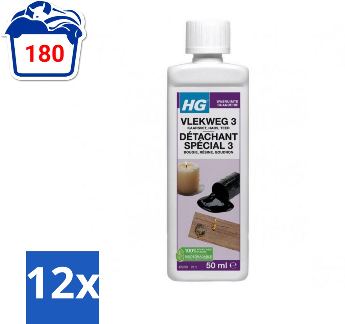 12 x HG - Wasruimte - Vlekweg 3 - Kaarsvet, Hars & Teer - 50 ml - Vlekkenverwijderaar - Kaarsvet Vlekken - Teer Vlekken - Hars Vlekken - Textiel Reiniging