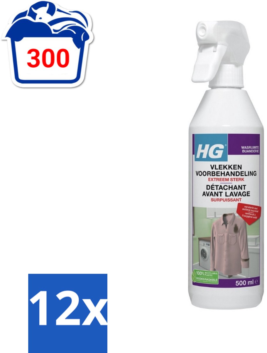 12 x HG Vlekken Voorbehandeling Extra Sterk 500 ml - Vlekkenverwijderaar - Vlekken Verwijderen - Hardnekkige Vlekken - Wasmiddel - Textielreiniger