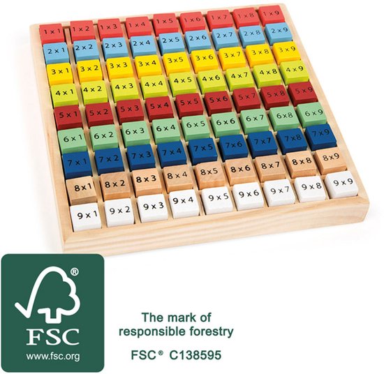 Houten 9x9 keer-tafelbord met gekleurde blokjes met sommen, van 1x1 tot 9x9, met FSC-logo.