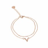 My Bendel rose gouden schakelarmband met V bedel - Dubbele fijne rose gouden armband met V bedel - Met luxe cadeauverpakking