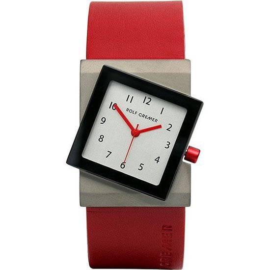 Rolf Cremer horloge met rode band, grijs met zwart kader en witte wijzerplaat met rode wijzers.