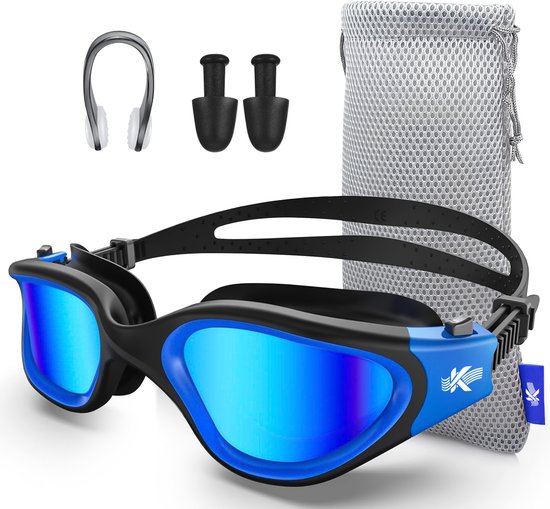 Kyrox Gepolariseerde Zwembril - Anti Condens - UV Bescherming - Inclusief Oordoppen en Neusklem - Duikbril - Verstelbare Band - Unisex - Zwembril volwassenen & kinderen - Blauw