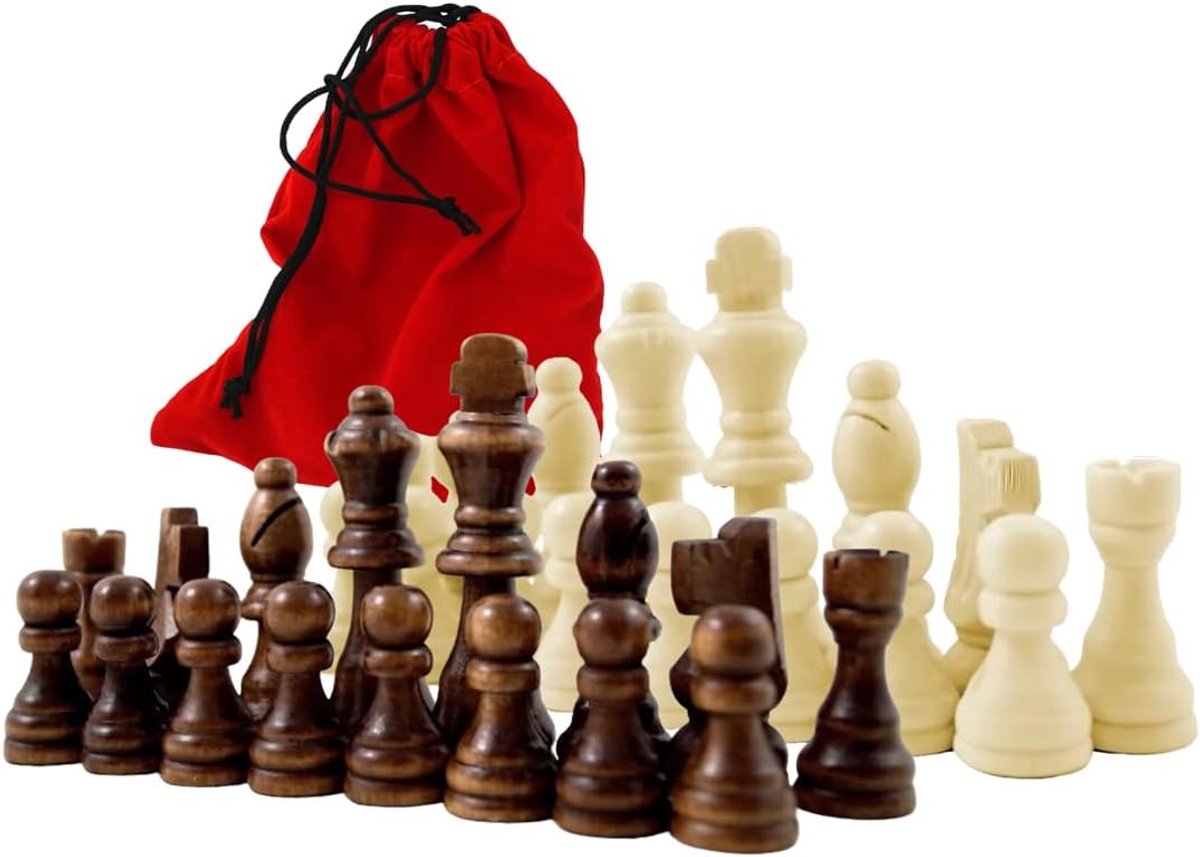 Houten Schaakfiguren in Fluwelen Zakje - XL Set met Handgesneden Figuren