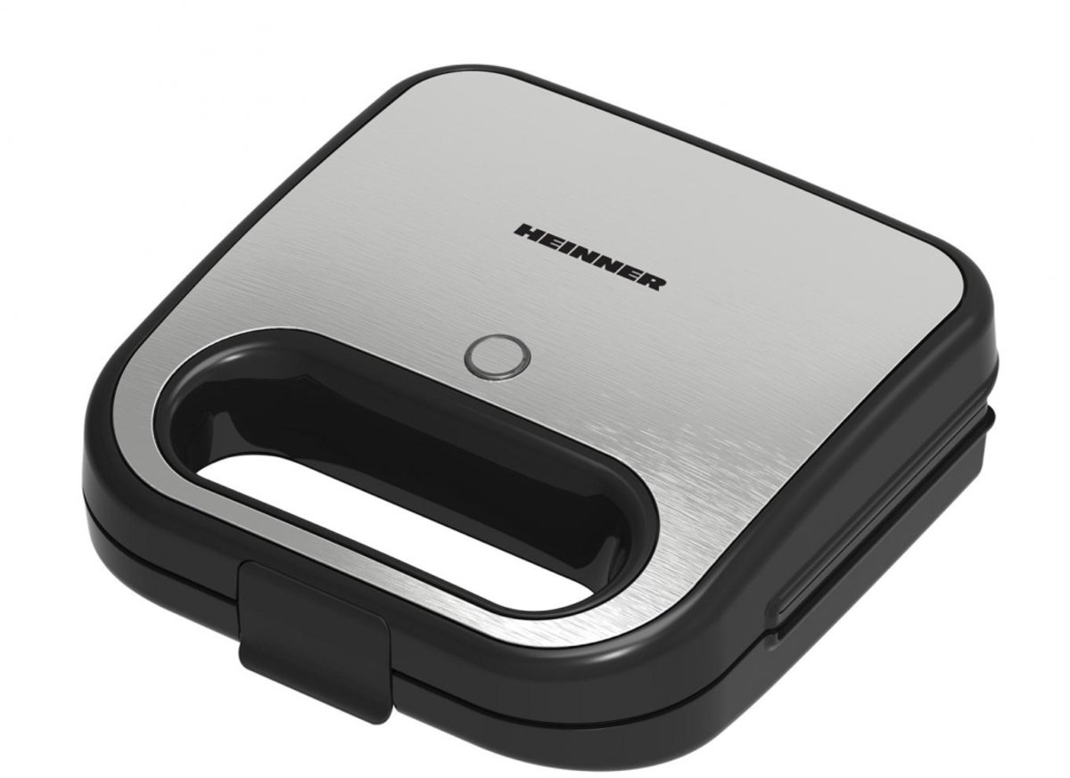 Heinner Sandwichmaker – 750 W – 2 Sandwiches – Antiaanbakplaten – Koelblijvende Handgreep – Power- en Ready-indicatielampjes – Vergrendeling – Zwart/RVS