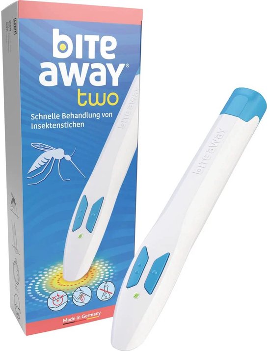 Bite Away two apparaat naast de verpakking, met blauwe knoppen en een blauw uiteinde.