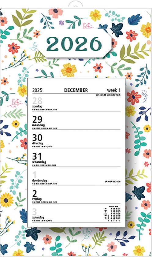 MGPcards - Week Scheurkalender 2026 - Week begint op zondag - 21 x 34 cm - Bloemen - Wit