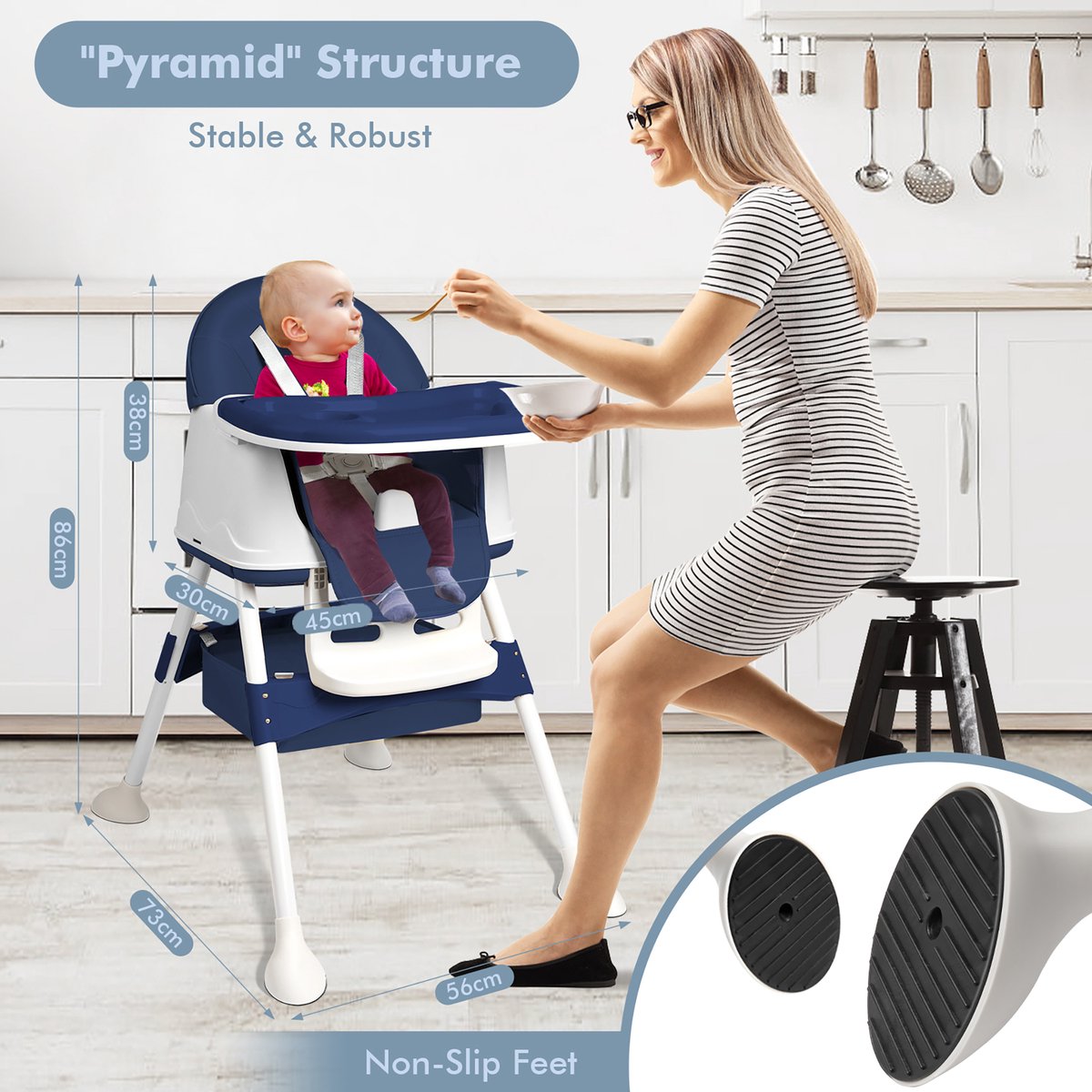 NAIZY Kinderstoel Babystoel 3-in-1 Multifunctionele Eetkamerstoel met 5-punts veiligheidsgordel, Dubbel Blad en Afneembaar Kussen, Blauw thumbnail 2