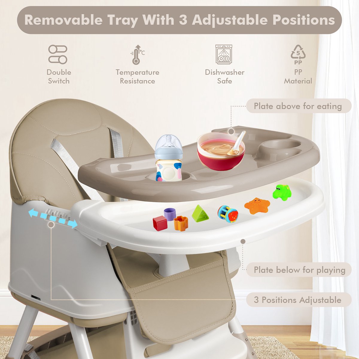 NAIZY Kinderstoel Babystoel 3-in-1 Multifunctionele Eetkamerstoel met 5-punts veiligheidsgordel, Dubbel Blad en Afneembaar Kussen, Beige thumbnail 3