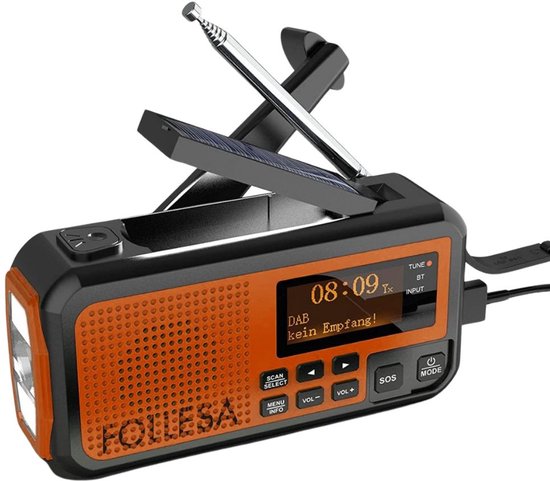FOLLESA® Noodradio met Solar Powerbank - 5500mAh - DAB+/FM - Opwindbare Survivalradio - Bluetooth & Digitale Wekker - Ideaal voor Noodpakket.