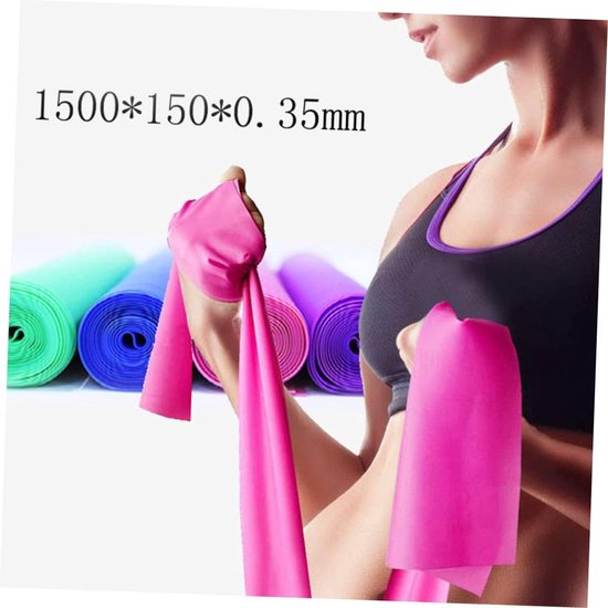 Vrouw met roze weerstandsbanden, met opgerolde banden in groen, blauw, paars en roze op de achtergrond.