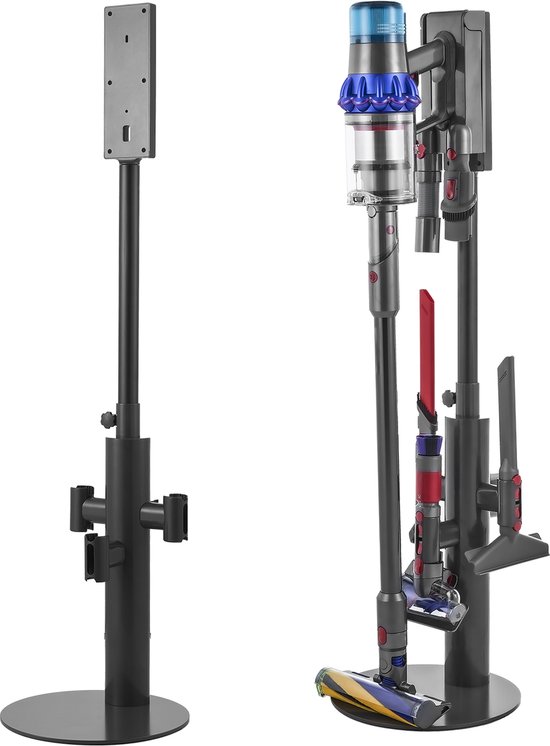 Donkergrijze, vrijstaande stofzuigerhouder met ronde basis. Links is de lege houder, rechts met een rode en grijze stofzuiger.