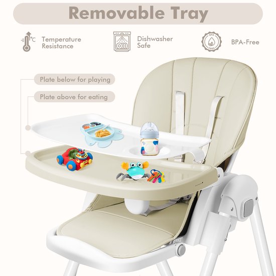 NAIZY Kinderstoel Babystoel Mobiel Opvouwbaar Verstelbare Eetkamerstoel met 5-punts veiligheidsgordel, Dubbel Blad en 4 Wielen, Beige van NAIZY — afbeelding 3