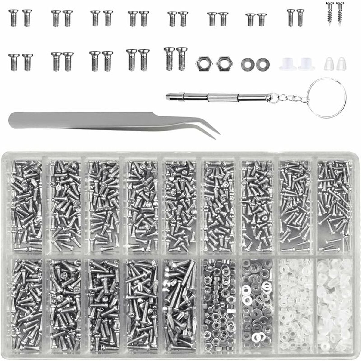 1000 stuks reparatieschroevendoos - Reparatiegereedschap voor horloges - Schroeven van roestvrij staal, schroevendraaier en pincet - Zilver