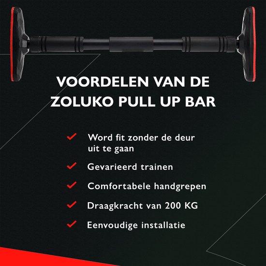 Zoluko Professionele Pull Up Bar - 200kg Draagkracht - Incl. E-book - Eenvoudige Bevestiging - Optrekstang Fitness - Pull Up Station voor Thuis Sporten - Chin Up Bar - Zwart/Rood
