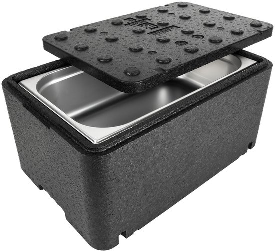 Boîte isotherme noire avec couvercle amovible à picots, incluant un bac gastronorme en acier inoxydable.