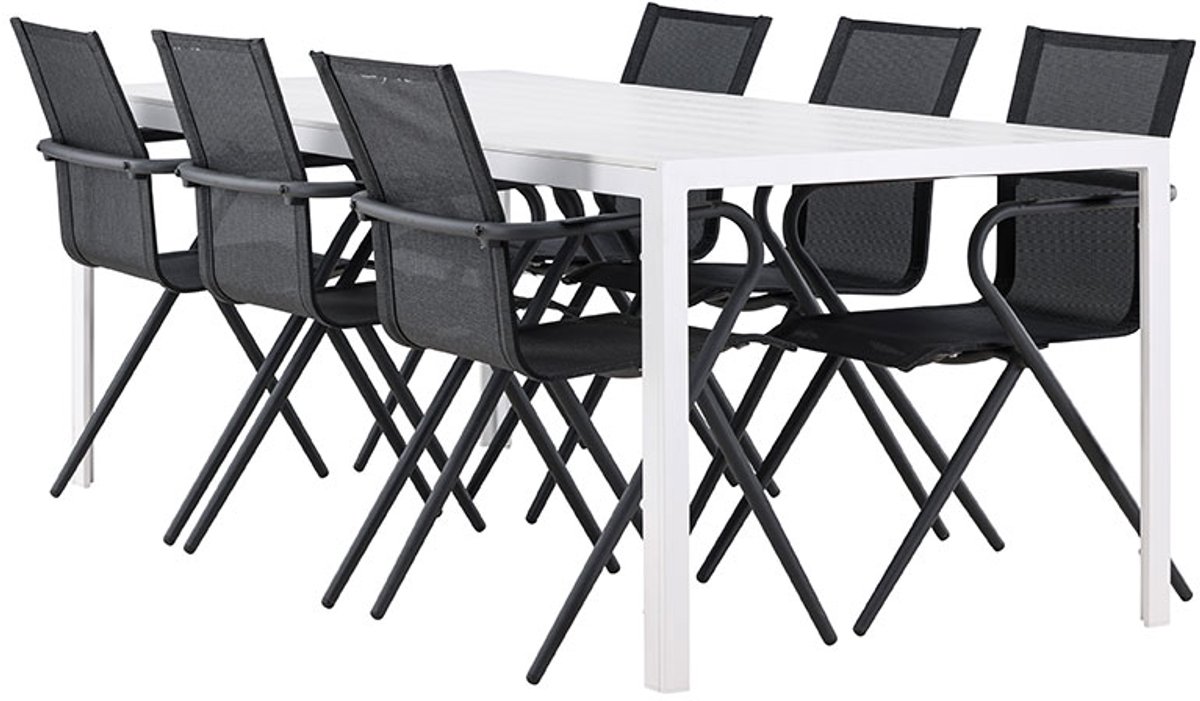 Break tuinmeubelset tafel 90x205cm wit, 6 stoelen zwart.