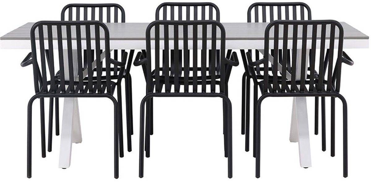 Garcia tuinmeubelset tafel 100x200cm grijs, 6 stoelen zwart.