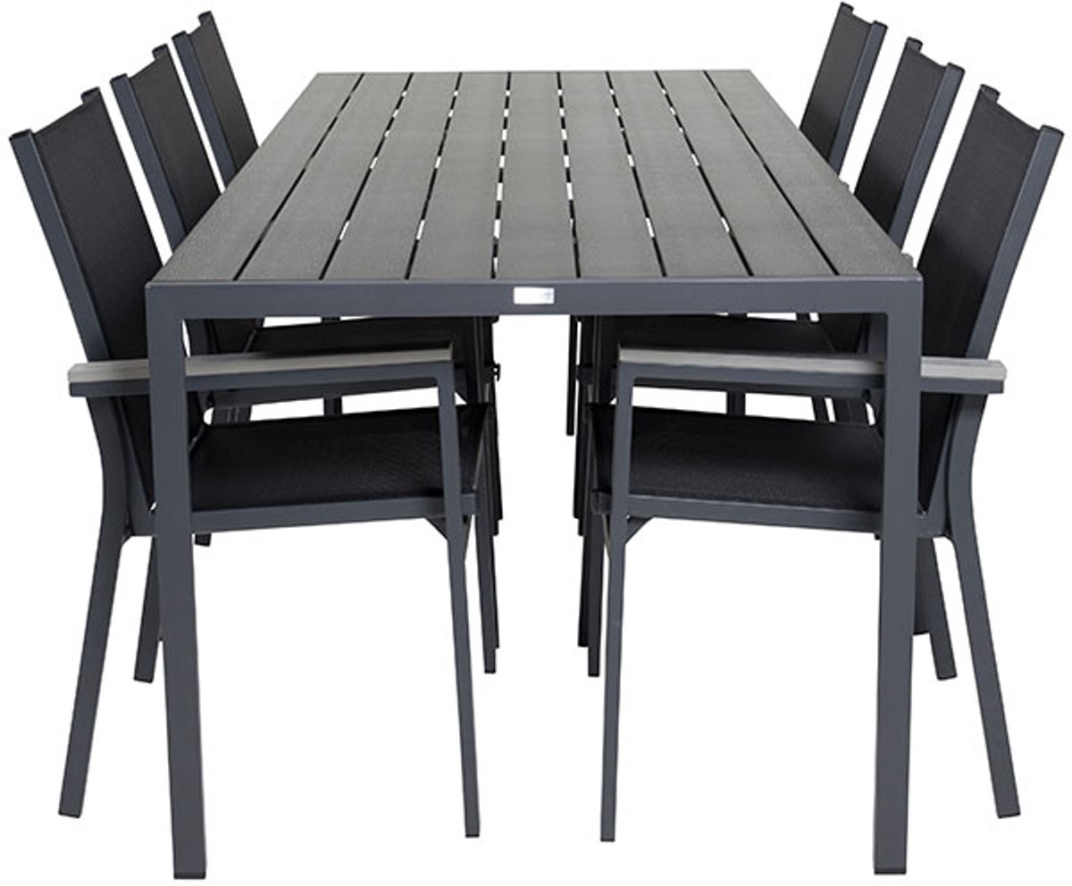 Break tuinmeubelset tafel 90x205cm zwart, 6 stoelen zwart.