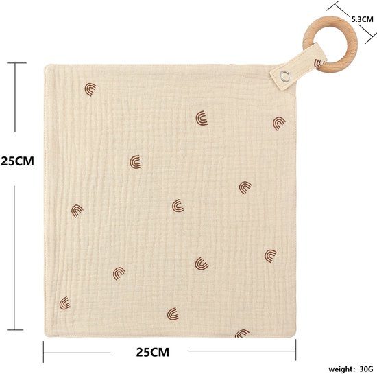 Baby Geschenkset - 3-delige set - Kraamcadeau - babyshower- gender reveal - Unisex baby cadeau - kraamvisite- jongen - meisje - giftset - bijtring - doorkomende tandjes - speenkoord - speenketting - knuffeldoekje - Beige met print van Merkloos — afbeelding 3