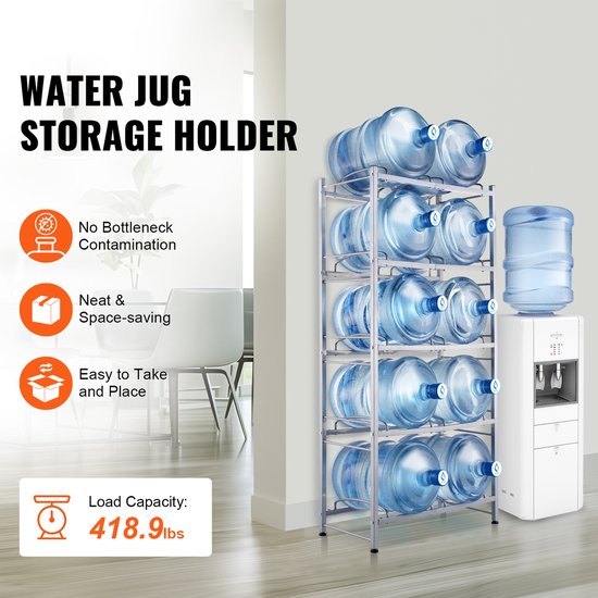 Waterkanhouder,5-Vaks,19l Flessenrek, Dubbelrijige Opslag voor 10 Flessen, Slijtvast voor Keuken, Kantoor, Woonkamer, Zilvergrijs — afbeelding 5