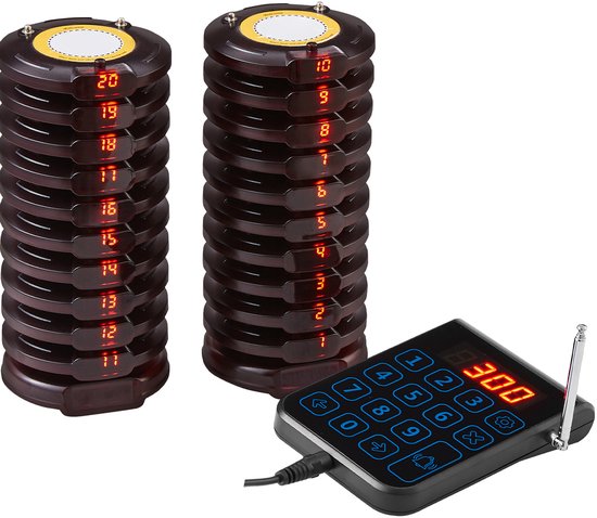 VEVOR Draadloos pagersysteem voor restaurants, lang bereik van 500 m, pager, voor wachtrijen met vibratie en knipperen, 20 zoemers, voor restaurants, cafés, winkels