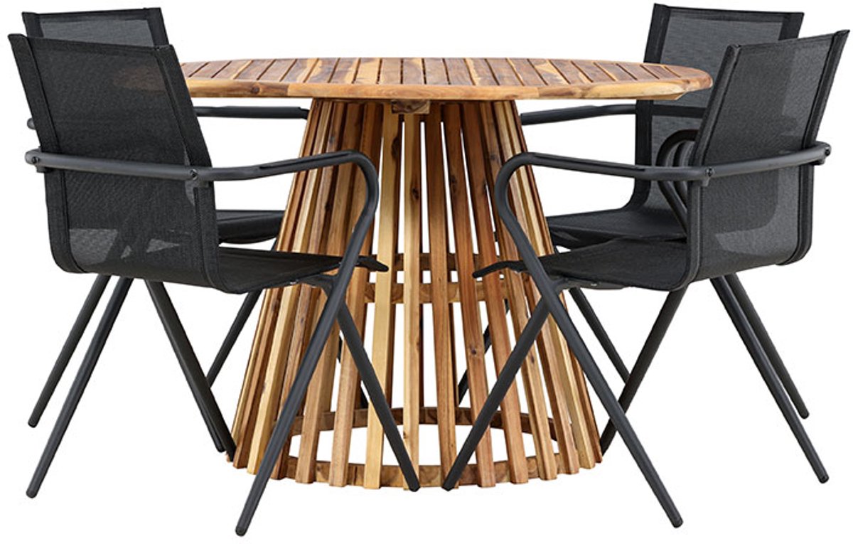 Lumpur tuinmeubelset tafel Ø120cm natuur, 4 stoelen zwart.